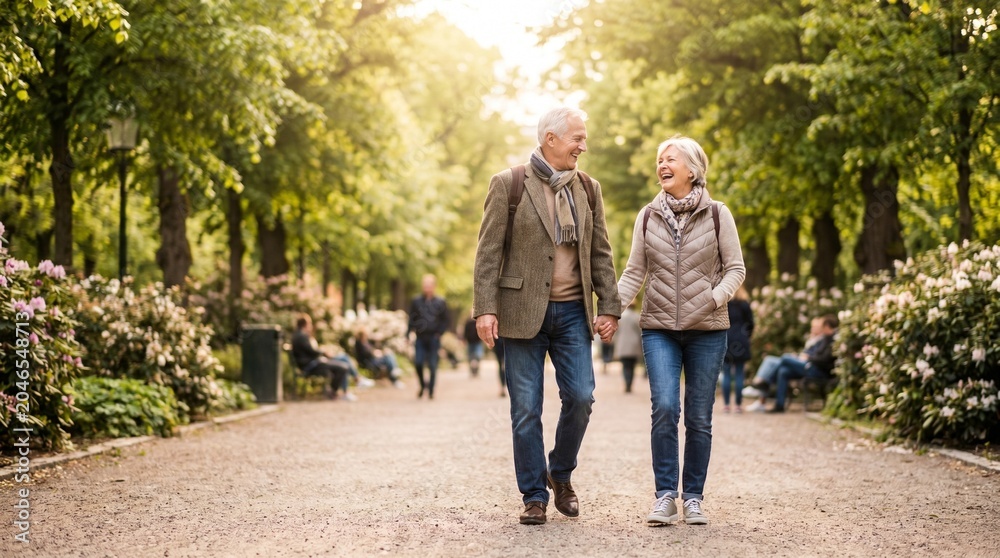 Obraz premium Active Senior Couple Walking Together in Urban Park