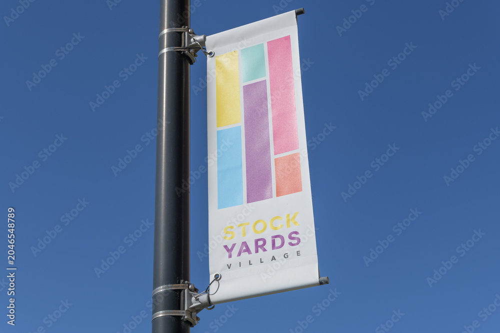Naklejka premium pole-mounted projecting banner at Stock Yards Village, a shopping mall, located at 1980 St Clair Av W / 30 Weston Rd, Toronto