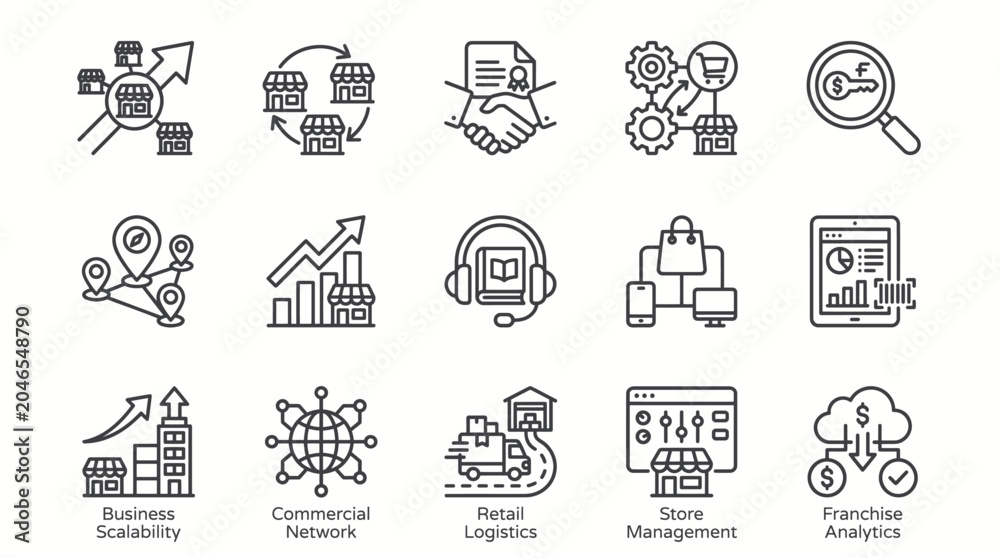 Fototapeta premium Set of 15 outline icons representing business scalability, commercial networks, retail logistics, store management, and franchise analytics