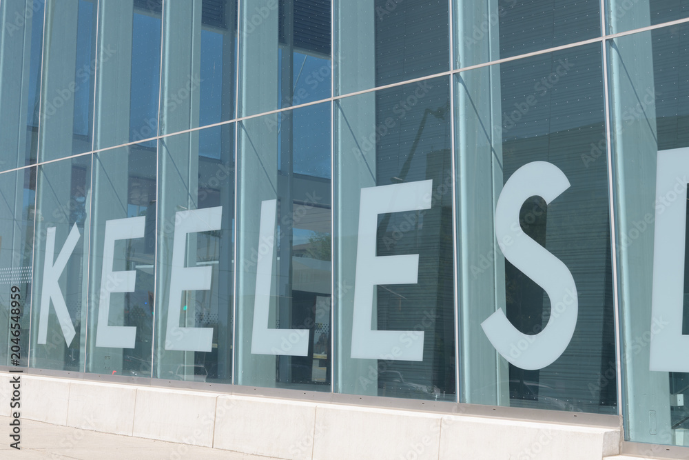 Naklejka premium sign on glass curtain wall of Eglinton Line 5 Keelesdale station, Main Entrance, northeast corner, 2660 Eglinton Av W, Toronto