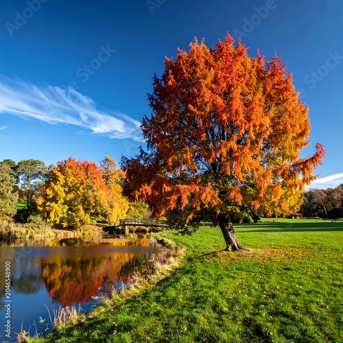 Autumn forest scene with colorful trees and pond.