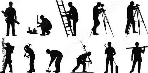 Quadro su tela Construction workers surveyor silhouette vector set, civil engineer building sit
