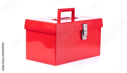 A bright red metal toolbox with a handle and silver latch