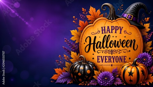 Happy Halloween Pumpkin Sign with Autumn Leaves, Witch Hat and Copy Space, Festive Seasonal Background Illustration for Halloween Celebration and Marketing Banner