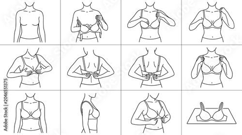 Fotografia Line art illustrations of a woman demonstrating how to put on a bra