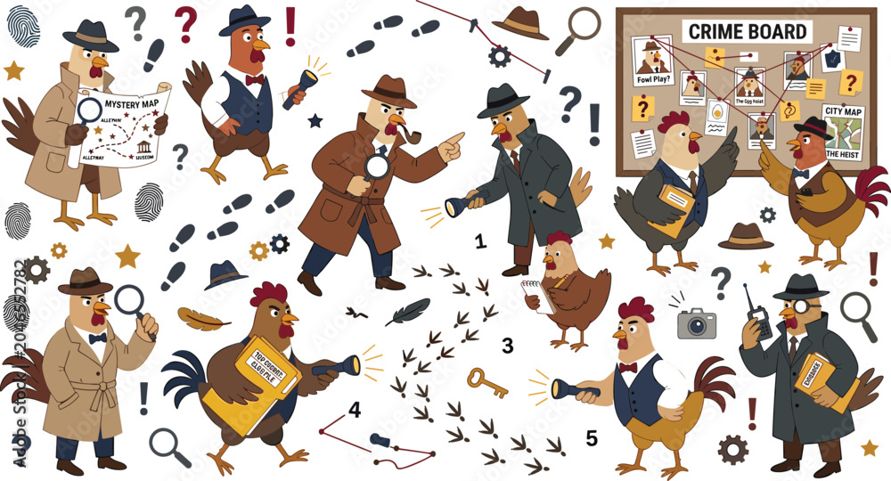 Fototapeta premium Chicken Detective and Rooster Investigator Element Vector Set Featuring Spy Secret Agent and Police Characters with Crime Board for Solving Mystery on White Background