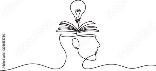 Quadro su tela Head with open book and lightbulb continuous line drawing