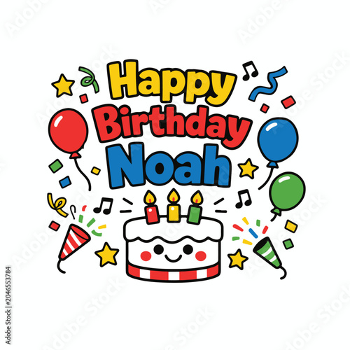 Happy birthday noah colorful party design with birthday cake and confetti balloons confetti celebration greeting colorful decoration