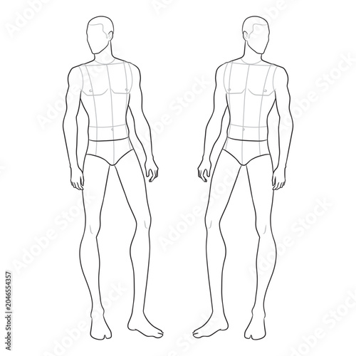 Male fashion illustration template featuring three-quarter-view poses with technical guidelines for apparel design, sketching, and garment development workflows.
