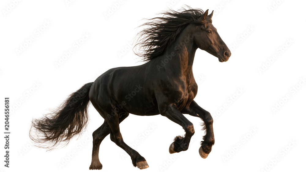 Obraz premium Isolated majestic black horse gracefully trotting with flowing mane and tail in motion