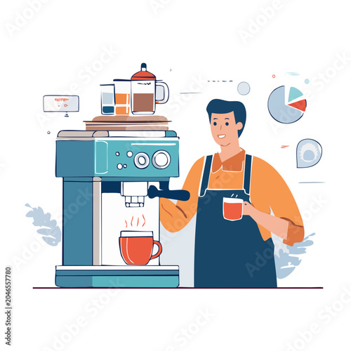 Barista making coffee with espresso machine and holding a cup