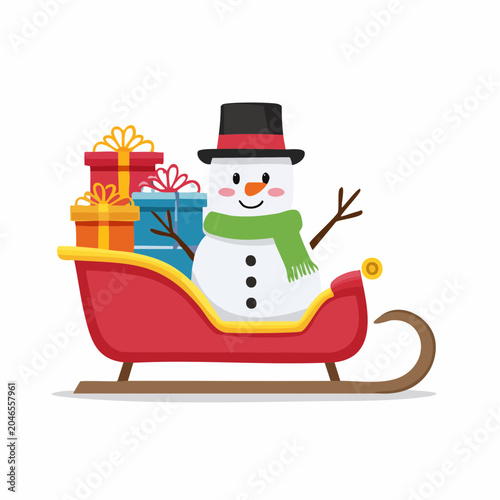 Cute snowman with gifts in a sleigh