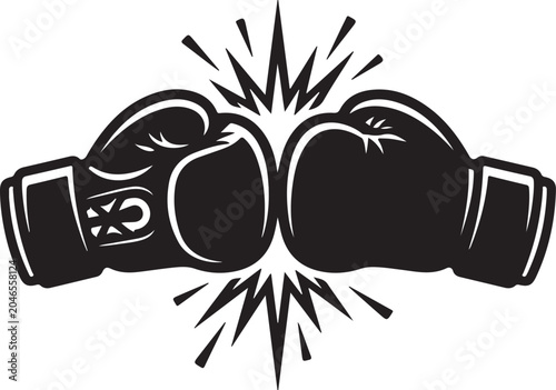 Boxing gloves clashing icon. Two black silhouette boxing gloves hitting each other in fight. Sport competition versus concept vector. Combat equipment illustration. Boxing match symbol. Impact strike 