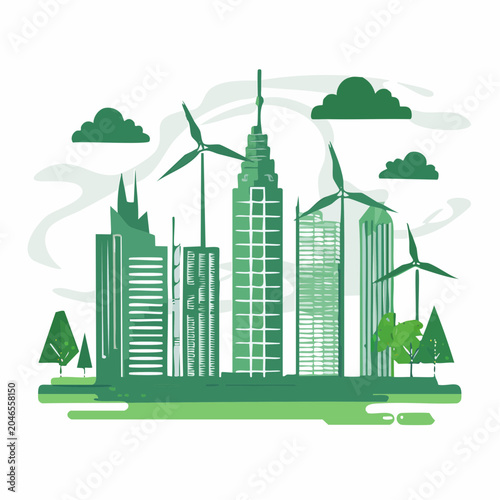 Green cityscape with wind turbines and skyscrapers