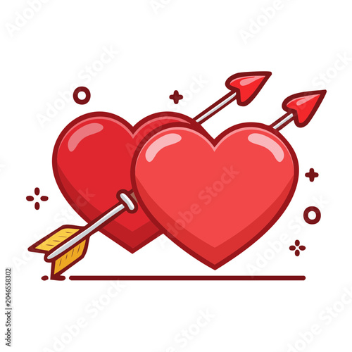 Two red hearts pierced by cupid arrows