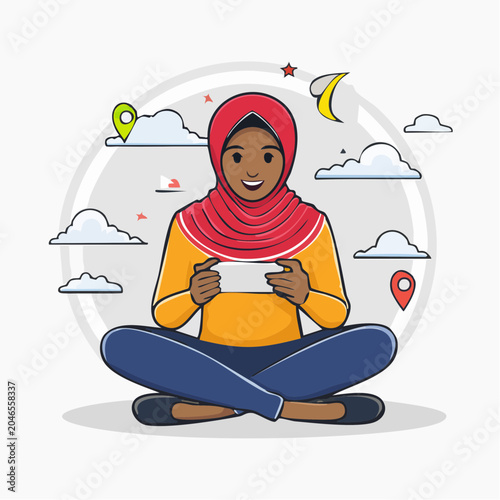 Woman in hijab using smartphone, flat design illustration