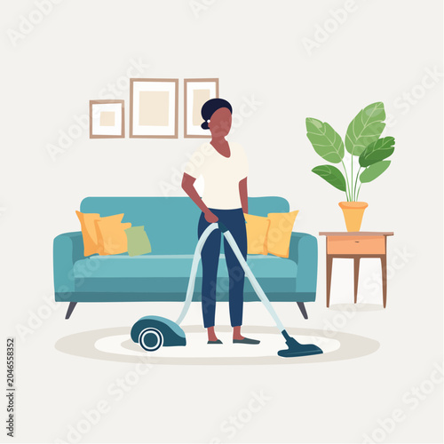 Woman vacuuming a living room with a sofa and plant