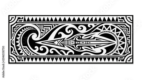Maori tribal tattoo of a spear, fierce, traditional art, on a white etched background