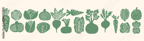 Schilderij op canvas Rustic linocut vegetable set: green silhouettes of carrot, cabbage, beet, onion
