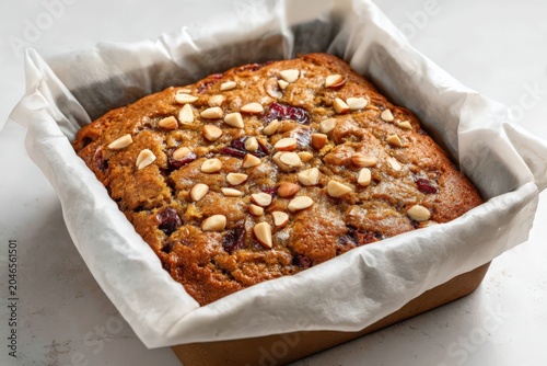 Homemade Square Nut and Dried Fruit Cake in Parchment Pan Fresh Baked Artisan Dessert