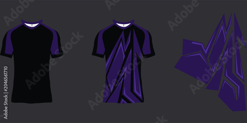 Sport jersey mockup template vector illustration with abstract dark purple and black racing stripe sublimation design. Activewear t-shirt mockup with dynamic geometric shapes for esports team