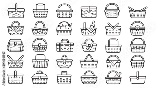 Picnic basket line icon set. Wicker basket, blanket, outdoor food, lunch, park meal outline vector illustrations on white background. Symbols for picnic and summer lifestyle.