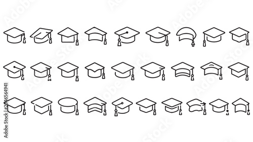 Graduation cap line icon set. Academic hats, mortarboards, diploma ceremony caps outline vector illustrations. Symbols for education achievement on white background.