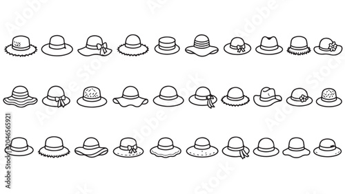 Sun hats line icon set. Wide brim hats, straw hats, beach hats, summer caps outline vector illustrations. Symbols for fashion on white background.