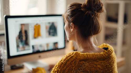 Young woman in mustard knit sweater shop online using desktop computer from home, browsing fashion apparel e-commerce website, modern remote work