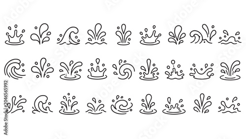 Water splash line icon set. Droplets, waves, splash crowns, liquid bursts outline vector illustrations. Symbols for aqua design on white background.