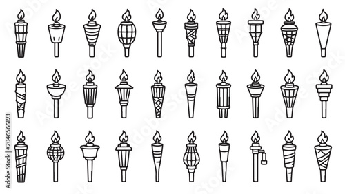 Tiki torches line icon set. Flame torches, bamboo torches, garden lights, outdoor party fire outline vector illustrations. Symbols on white background.
