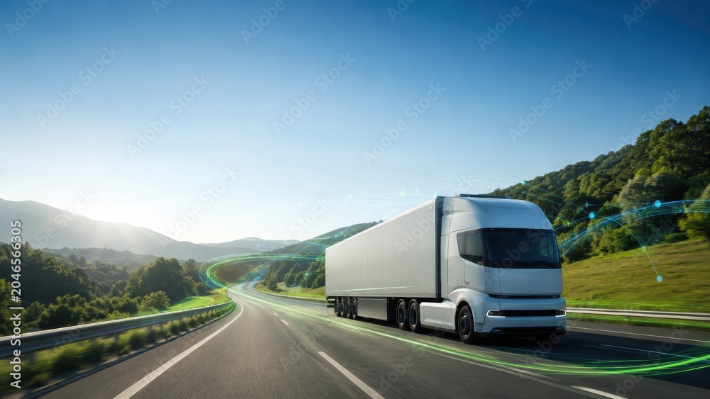 Obraz premium Electric Truck With Smart Energy Route Map