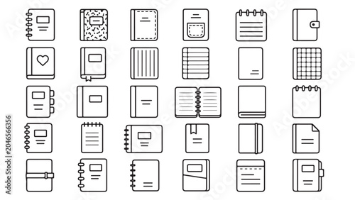 Notebooks line icon set. Spiral notebooks, journals, planners, blank paper books outline vector illustrations. Symbols for stationery on white background.