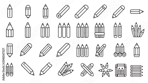 Pencil stationery line icon set. Drawing pencils, sharpeners, erasers, sketch tools and school supplies outline vector illustrations on white background. Symbols for art and education.