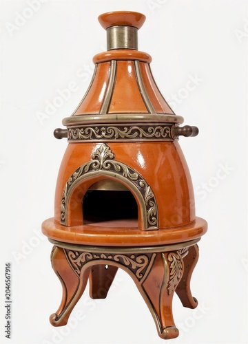 Terracotta-style ceramic pizza oven with decorative metal accents. Features arched opening, tripod base, and chimney. Ideal for rustic kitchens