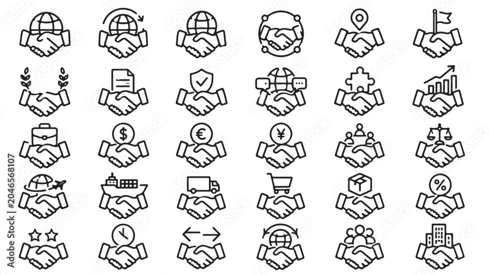 Fototapeta premium Human resources line icon set. Recruitment, staff meeting, employee profile, handshake, team group and business communication outline vector illustrations on white background. Signs for HR.