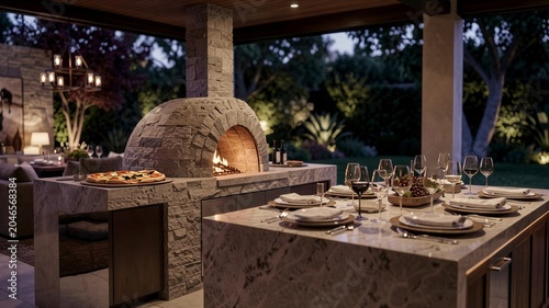 Evening outdoor kitchen with stone oven, lit candles, and set dining table. Warm lights glow softly as night falls
