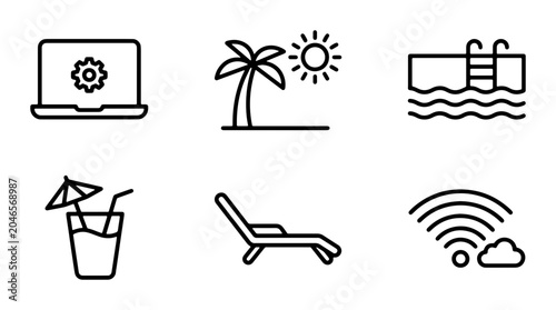 Bild auf Leinwand Vacation and Travel Icons: Beach, Pool, Laptop, Wi-Fi, Drink, Lounge Chair, 6 El