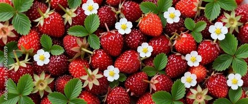 A vibrant background pattern filled with ripe red wild strawberries, fresh green leaves and delicate white flowers with yellow centers.