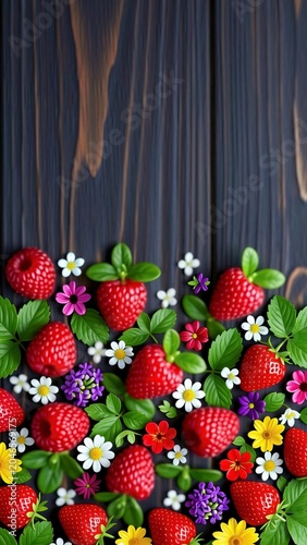 A vertical composition featuring a dark wooden background with a vibrant border of fresh strawberries, raspberries, and colorful small flowers at the bottom.