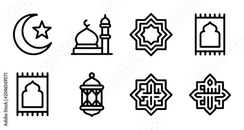 Foto Islamic Icons Set: Crescent Moon, Mosque, Geometric Patterns, Prayer Rugs, Lante