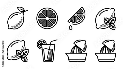 Schilderij op canvas Citrus Fruit Icons: Lemon, Lime, Orange Slice, Juice, Squeezer, Fresh Beverage,
