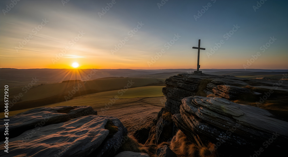 Obraz premium Christian cross standing on rocky mountain top at sunrise with mountain religion christianity