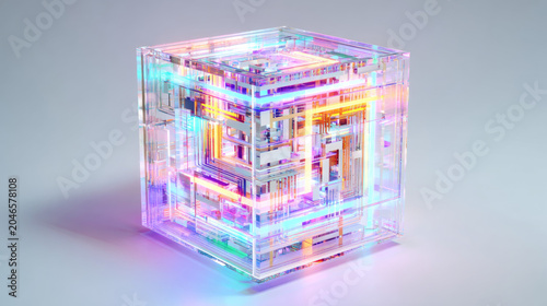 Neon circuits forming abstract cube, clean studio WHITE background.