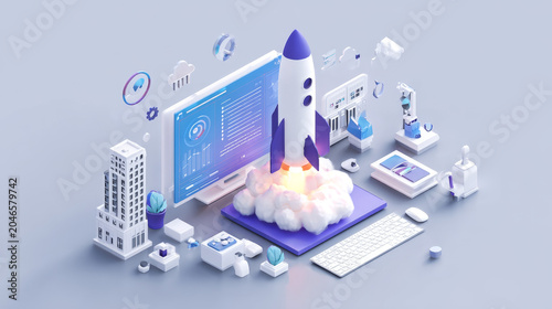 Digital Startup Rocket Launch Concept | Software Development, Product Innovation and Business Growth Technology Background