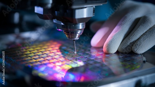 engineer examining iridescent silicon wafer under precision lighting, macro technology details