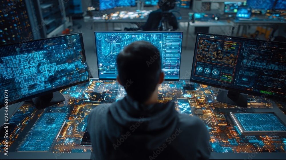 Obraz premium electronic design automation engineer creating next-generation chip layouts, futuristic digital interface