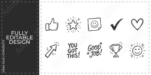 Schilderij op canvas Motivational and success icons featuring star thumb up and trophy symbols for em
