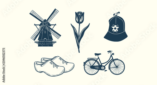 Foto Vintage Dutch Symbols Set with Windmill Tulip Traditional Hat Wooden Clogs and B