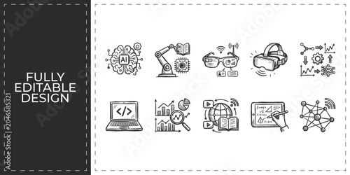 Tableau sur toile Artificial intelligence and robotics icons featuring microchips and digital brai